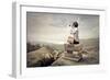 Beautiful Woman Sitting On A Pile Of Old Books Watching With Binoculars-olly2-Framed Art Print