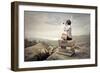 Beautiful Woman Sitting On A Pile Of Old Books Watching With Binoculars-olly2-Framed Premium Giclee Print