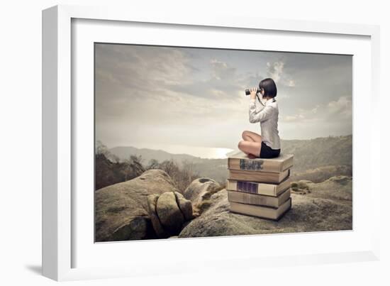 Beautiful Woman Sitting On A Pile Of Old Books Watching With Binoculars-olly2-Framed Premium Giclee Print