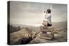 Beautiful Woman Sitting On A Pile Of Old Books Watching With Binoculars-olly2-Stretched Canvas