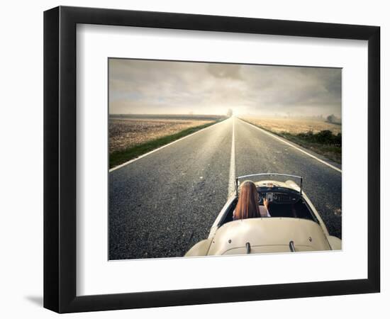 Beautiful Woman Traveling on a Vintage Car-olly2-Framed Photographic Print