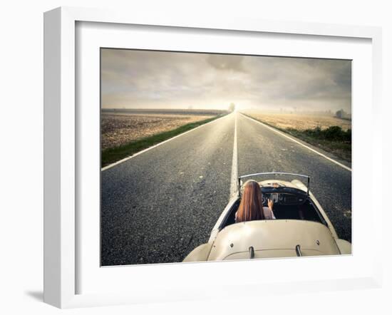 Beautiful Woman Traveling on a Vintage Car-olly2-Framed Photographic Print