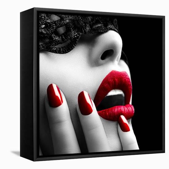 Beautiful Woman with Black Lace Mask over Her Eyes-Subbotina Anna-Framed Stretched Canvas