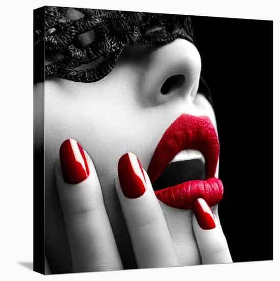 Beautiful Woman with Black Lace Mask over Her Eyes-Subbotina Anna-Stretched Canvas