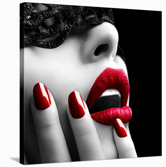 Beautiful Woman with Black Lace Mask over Her Eyes-Subbotina Anna-Stretched Canvas