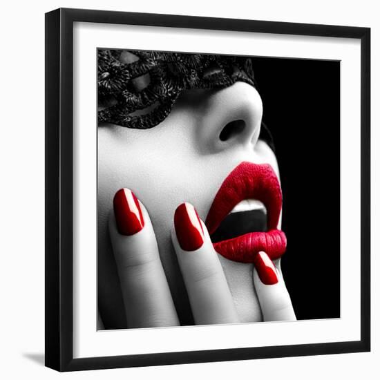 Beautiful Woman with Black Lace Mask over Her Eyes-Subbotina Anna-Framed Photographic Print