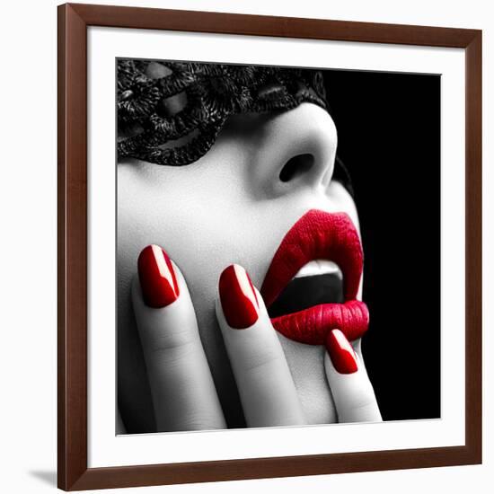 Beautiful Woman with Black Lace Mask over Her Eyes-Subbotina Anna-Framed Photographic Print