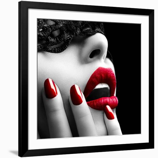 Beautiful Woman with Black Lace Mask over Her Eyes-Subbotina Anna-Framed Photographic Print