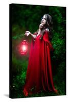 Beautiful Woman with Red Cloak and Lantern in the Woods-mirceab-Stretched Canvas