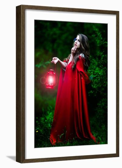Beautiful Woman with Red Cloak and Lantern in the Woods-mirceab-Framed Photographic Print
