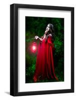 Beautiful Woman with Red Cloak and Lantern in the Woods-mirceab-Framed Photographic Print