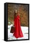 Beautiful Woman with Red Cloak and Suitcase-geanina bechea-Framed Stretched Canvas