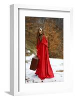 Beautiful Woman with Red Cloak and Suitcase-geanina bechea-Framed Photographic Print