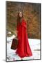 Beautiful Woman with Red Cloak and Suitcase-geanina bechea-Mounted Photographic Print