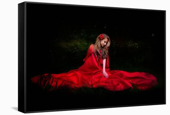 Beautiful Woman with Red Cloak in the Woods by Night-mirceab-Framed Stretched Canvas