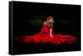 Beautiful Woman with Red Cloak in the Woods by Night-mirceab-Framed Stretched Canvas