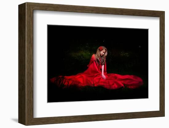 Beautiful Woman with Red Cloak in the Woods by Night-mirceab-Framed Photographic Print