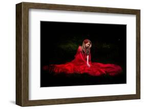 Beautiful Woman with Red Cloak in the Woods by Night-mirceab-Framed Photographic Print