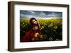 Beautiful Woman with Red Cloak on Blooming Rapeseed Field in Summer-mirceab-Framed Photographic Print