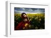 Beautiful Woman with Red Cloak on Blooming Rapeseed Field in Summer-mirceab-Framed Photographic Print