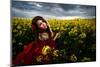 Beautiful Woman with Red Cloak on Blooming Rapeseed Field in Summer-mirceab-Mounted Photographic Print