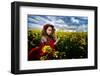 Beautiful Woman with Red Cloak on Blooming Rapeseed Field in Summer-mirceab-Framed Photographic Print