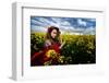 Beautiful Woman with Red Cloak on Blooming Rapeseed Field in Summer-mirceab-Framed Photographic Print