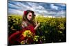 Beautiful Woman with Red Cloak on Blooming Rapeseed Field in Summer-mirceab-Mounted Photographic Print