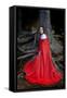 Beautiful Woman with Red Cloak Posing in the Woods-mirceab-Framed Stretched Canvas