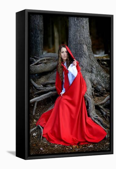 Beautiful Woman with Red Cloak Posing in the Woods-mirceab-Framed Stretched Canvas