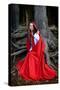 Beautiful Woman with Red Cloak Posing in the Woods-mirceab-Stretched Canvas