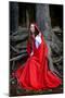 Beautiful Woman with Red Cloak Posing in the Woods-mirceab-Mounted Premium Photographic Print