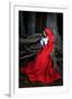 Beautiful Woman with Red Cloak Posing in the Woods-mirceab-Framed Photographic Print