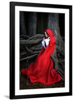 Beautiful Woman with Red Cloak Posing in the Woods-mirceab-Framed Photographic Print