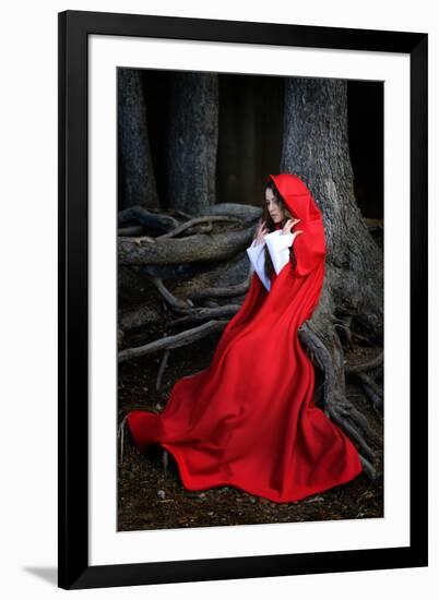 Beautiful Woman with Red Cloak Posing in the Woods-mirceab-Framed Photographic Print