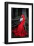 Beautiful Woman with Red Cloak Posing in the Woods-mirceab-Framed Photographic Print