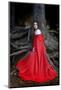 Beautiful Woman with Red Cloak Posing in the Woods-mirceab-Mounted Photographic Print