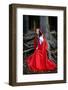 Beautiful Woman with Red Cloak Posing in the Woods-mirceab-Framed Photographic Print