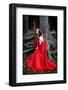 Beautiful Woman with Red Cloak Posing in the Woods-mirceab-Framed Photographic Print