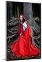 Beautiful Woman with Red Cloak Posing in the Woods-mirceab-Mounted Photographic Print