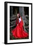 Beautiful Woman with Red Cloak Posing in the Woods-mirceab-Framed Photographic Print