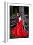Beautiful Woman with Red Cloak Posing in the Woods-mirceab-Framed Photographic Print