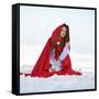 Beautiful Woman with Red Cloak Sitting on the Snow in Winter-mirceab-Framed Stretched Canvas