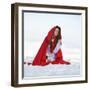 Beautiful Woman with Red Cloak Sitting on the Snow in Winter-mirceab-Framed Premium Photographic Print