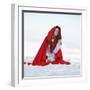 Beautiful Woman with Red Cloak Sitting on the Snow in Winter-mirceab-Framed Premium Photographic Print