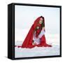 Beautiful Woman with Red Cloak Sitting on the Snow in Winter-mirceab-Framed Stretched Canvas