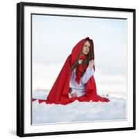 Beautiful Woman with Red Cloak Sitting on the Snow in Winter-mirceab-Framed Photographic Print