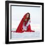 Beautiful Woman with Red Cloak Sitting on the Snow in Winter-mirceab-Framed Photographic Print