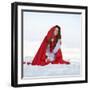 Beautiful Woman with Red Cloak Sitting on the Snow in Winter-mirceab-Framed Photographic Print