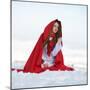 Beautiful Woman with Red Cloak Sitting on the Snow in Winter-mirceab-Mounted Photographic Print